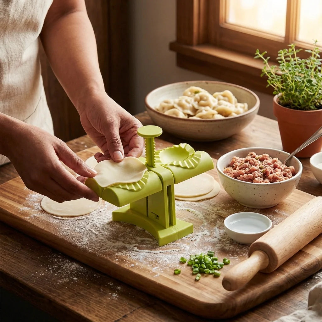 Lime-yellow dumpling maker mold pressing dough rounds for dumplings on a wooden board.