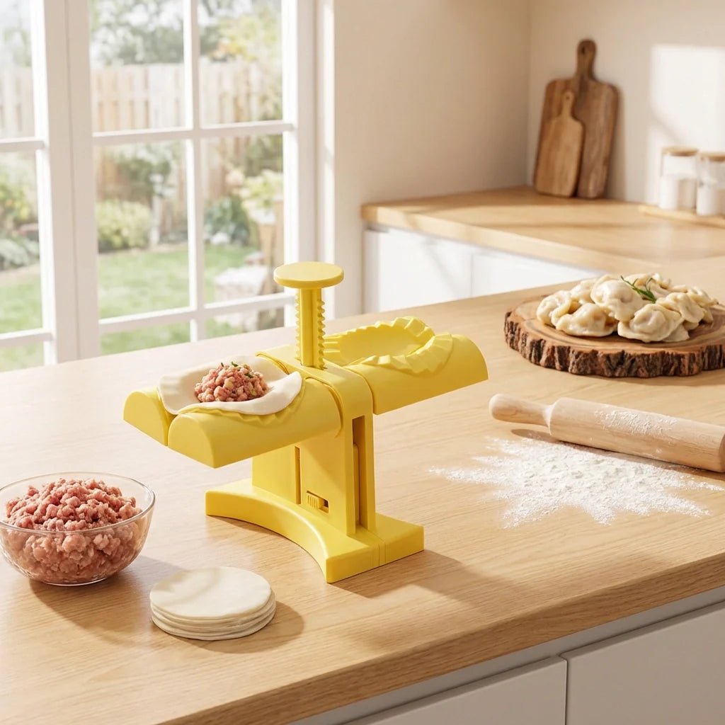 Lime-yellow dumpling maker mold on countertop with dough rounds and filling bowls.