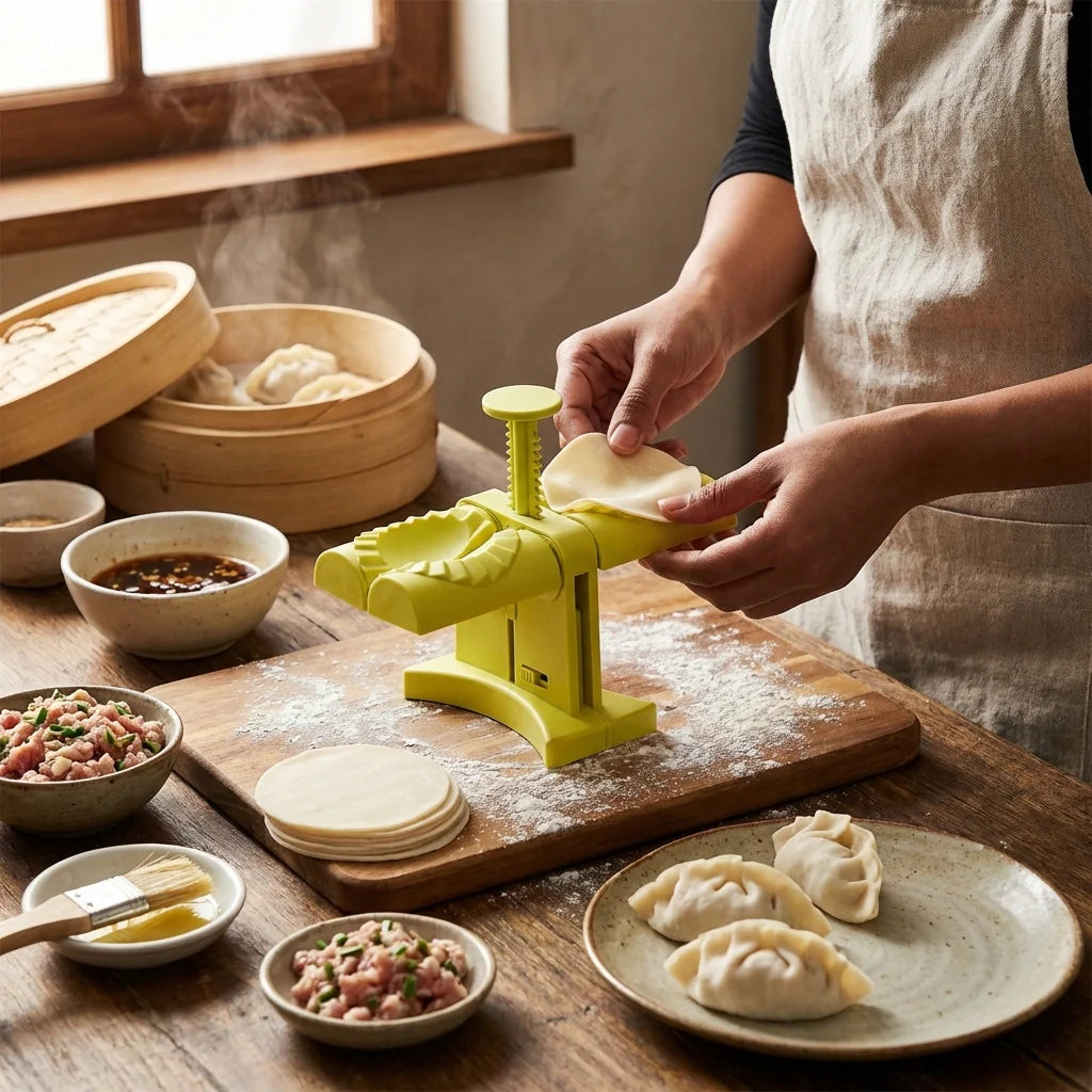 Lime-yellow dumpling maker mold pressing dough; uncooked dumplings on nearby plates.