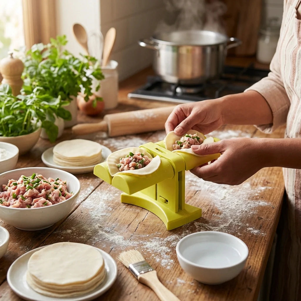 Lime-yellow dumpling maker mold pressing dough into dumpling shapes on a wooden board.
