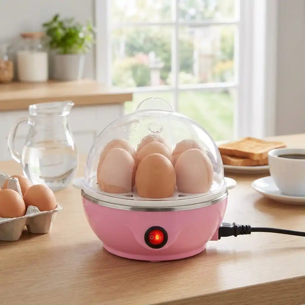 Electric egg steamer with clear dome lid, pink base, holding eggs; red indicator light