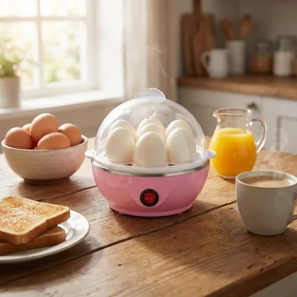 Electric egg steamer with clear dome lid and pink base, white eggs visible under cover