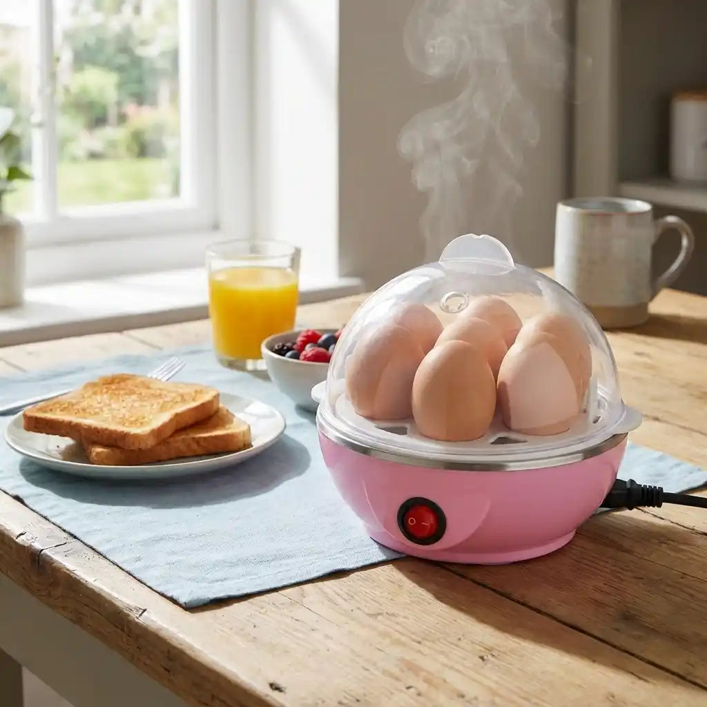 Electric egg steamer on counter with clear lid and pink base, eggs inside, red indicator light