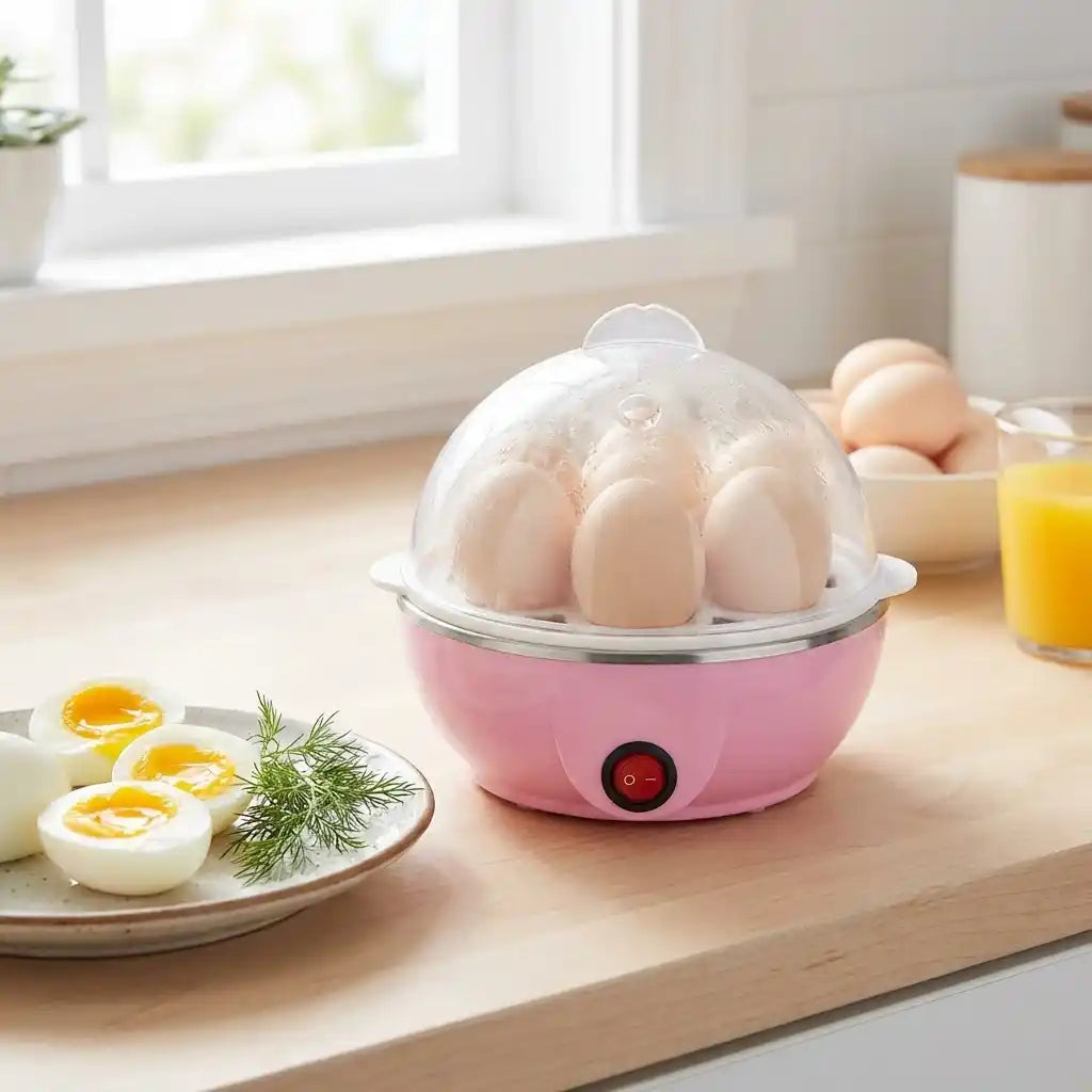 Electric egg steamer with clear lid over white eggs, pink base, red power button below