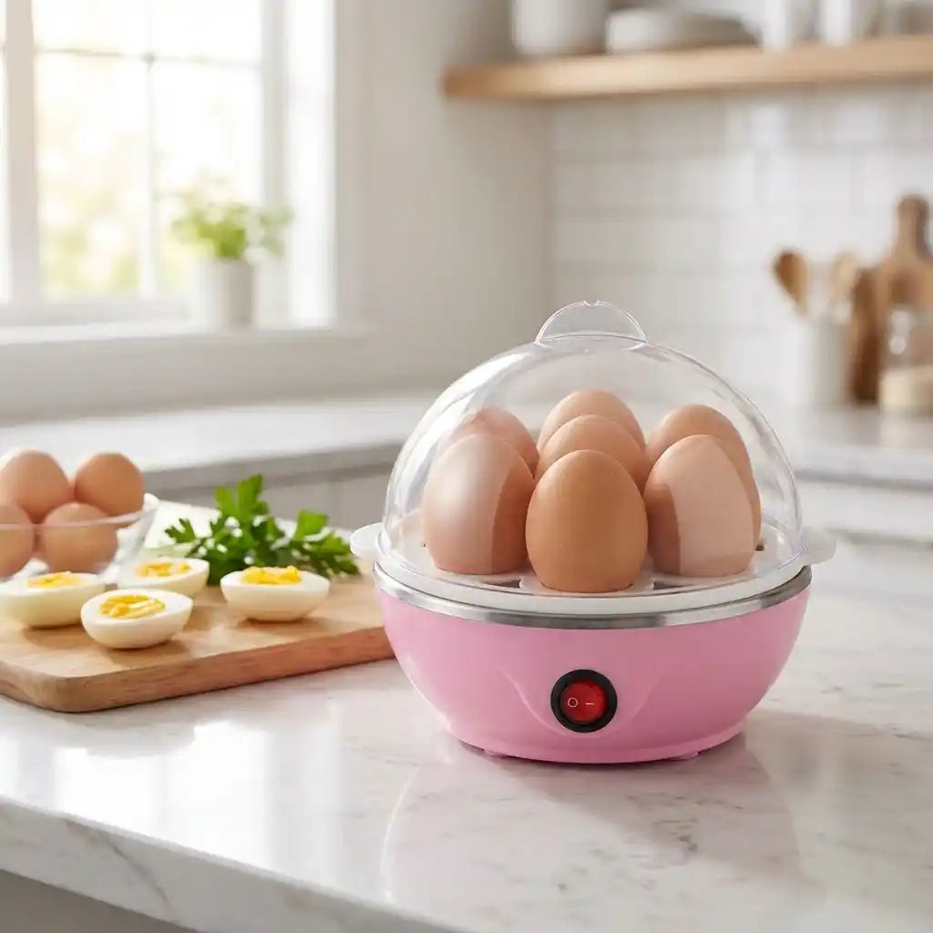 Electric egg steamer with clear lid and pink base, white eggs inside, red power light