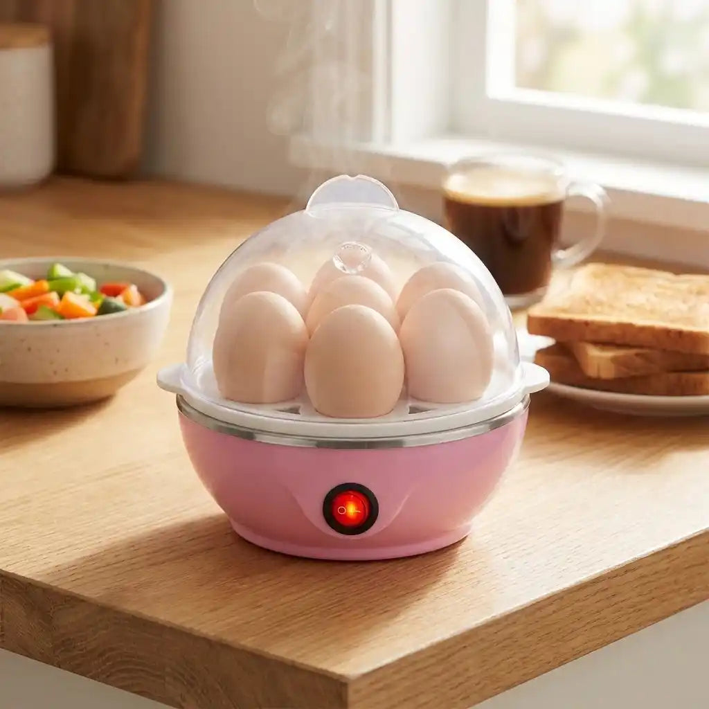 Electric egg steamer with clear dome lid, pink base, holding white eggs, red power light