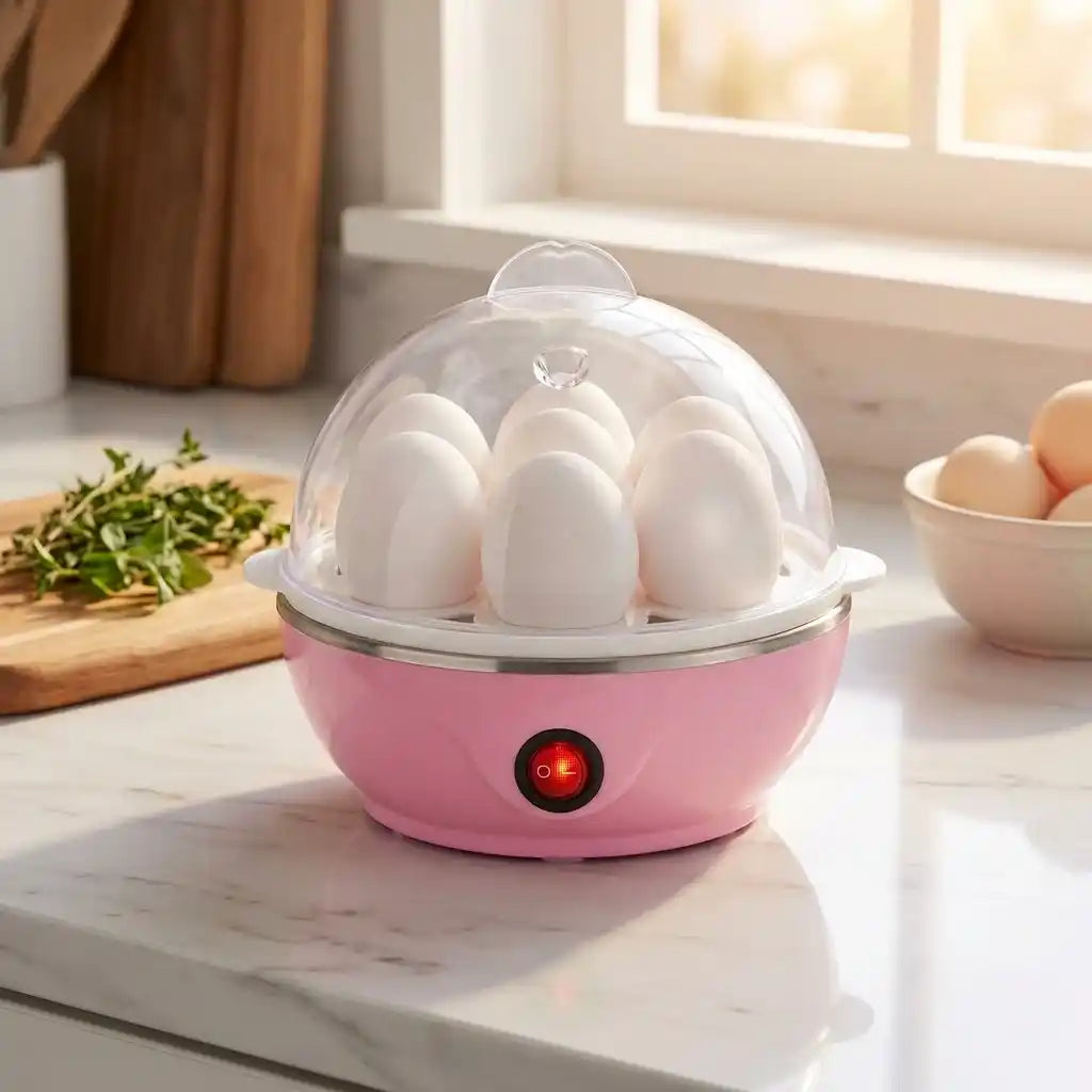 Electric egg steamer with clear dome lid and pink base, eggs inside, red-lit control button