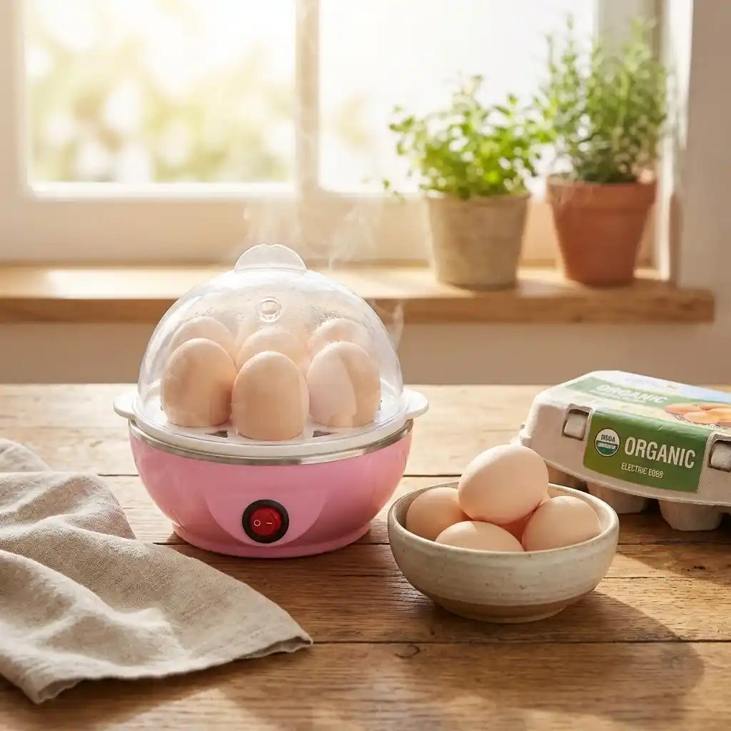 Electric egg steamer with clear lid, pink base, holding white eggs; red power light on