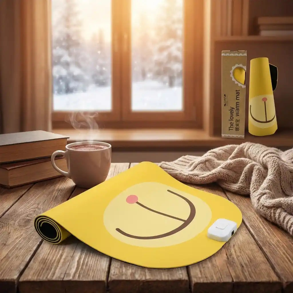 Yellow electric heating mouse pad with large smile-face graphic and white switch
