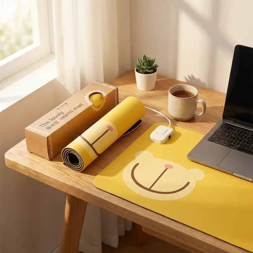 Yellow electric heating mouse pad with smile-face design and white control switch