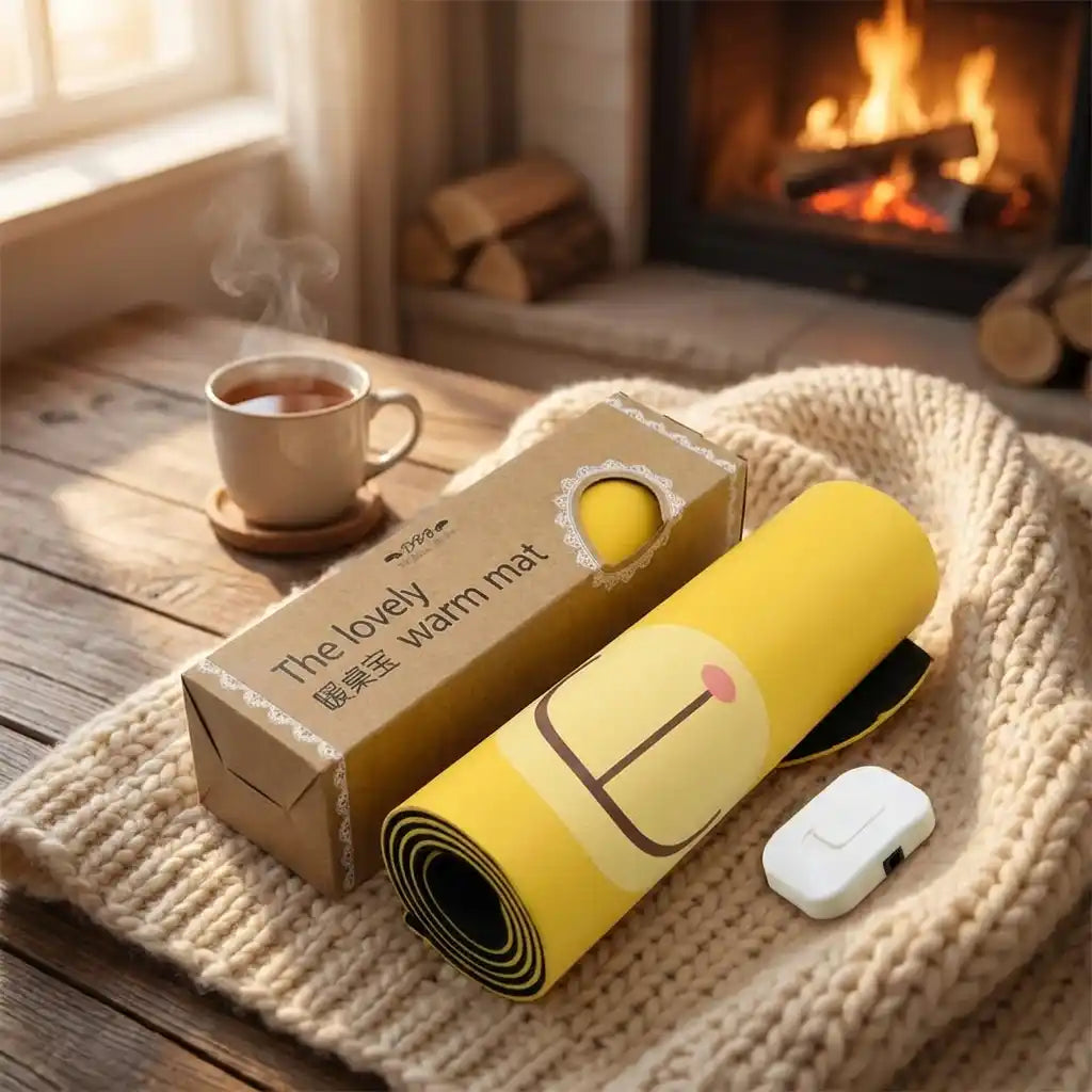Yellow electric heating mouse pad with smile-face graphic, control switch, and cord