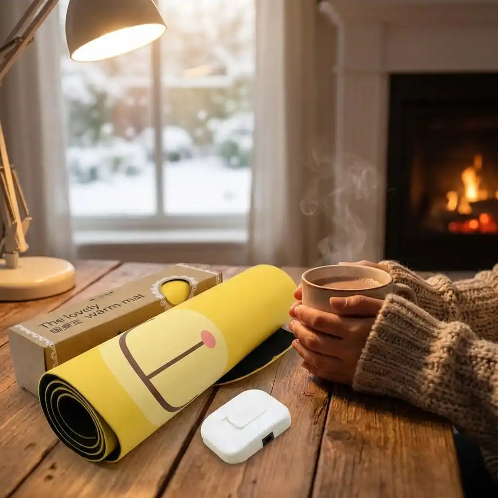 Yellow electric heating mouse pad with smile-face print and plug-in control module