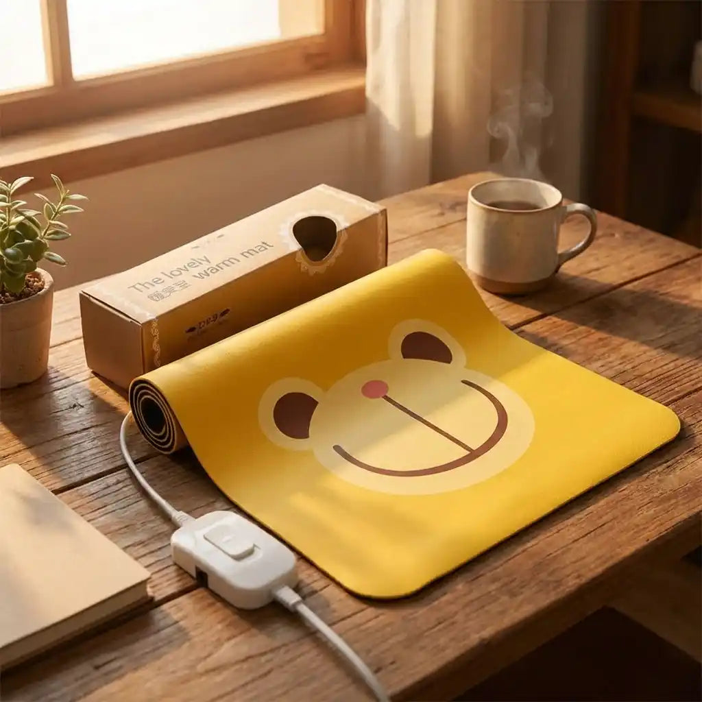 Yellow electric heating mouse pad with smile-face print, power cord, and control box