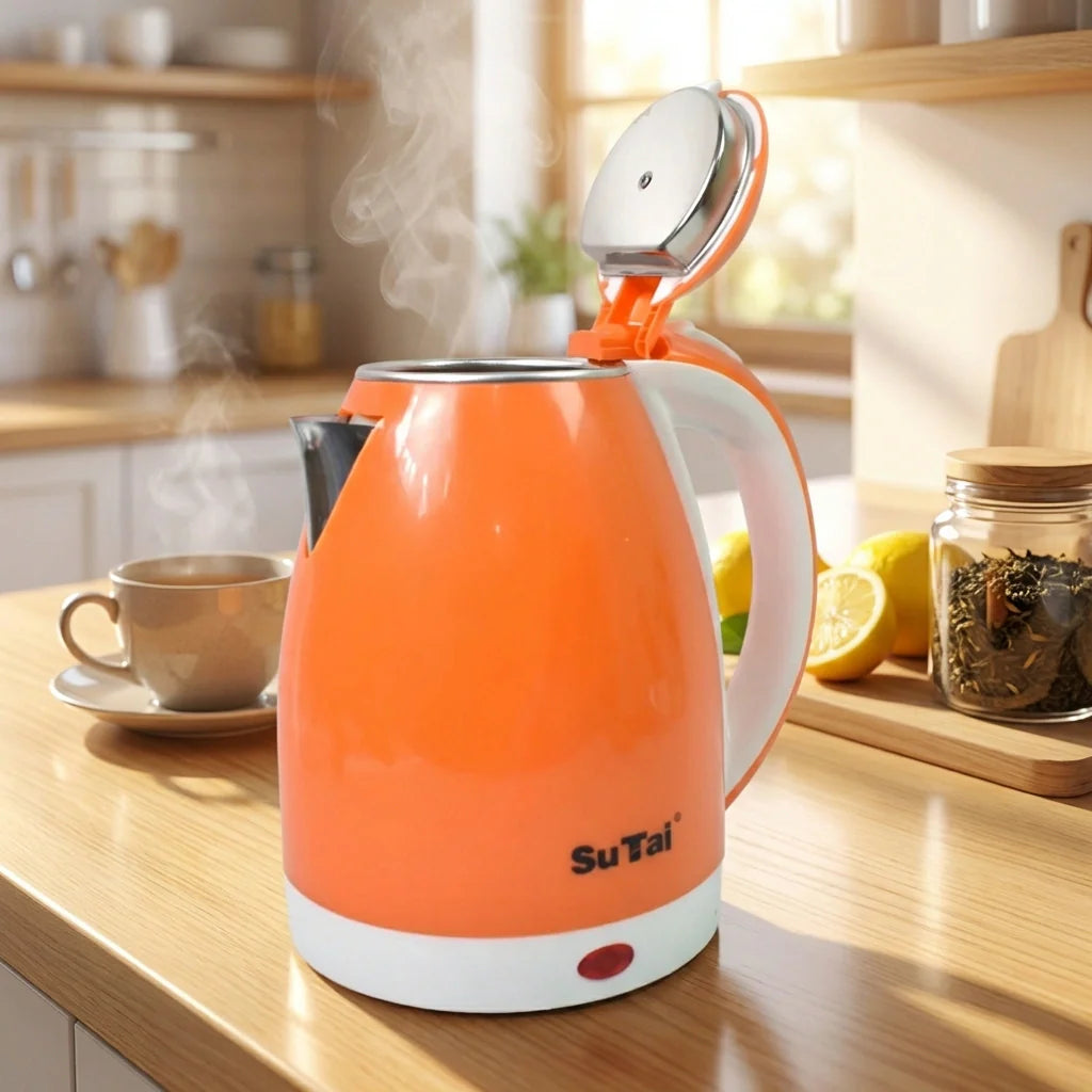 Orange electric kettle with lid and handle, SuTai logo on front and base