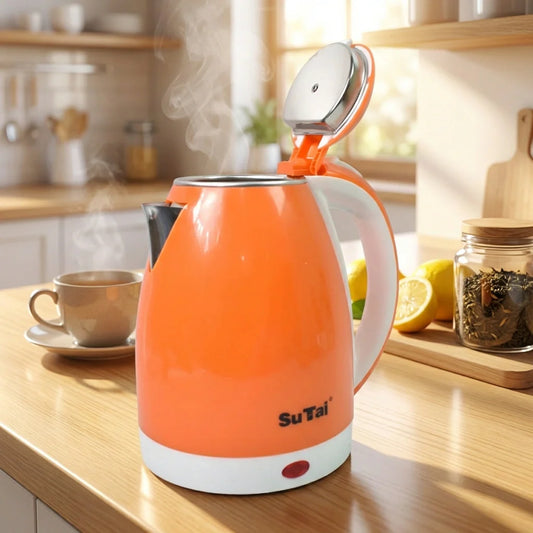 Orange electric kettle with lid and handle, SuTai logo on front and base