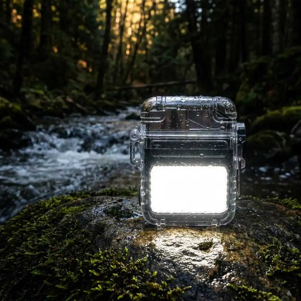Electric lighter with clear casing, square front glowing bright white light