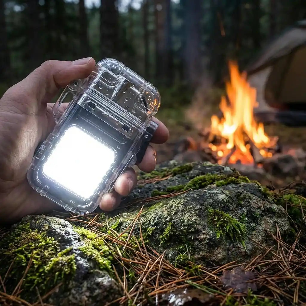 Electric lighter in transparent casing held in hand, bright white glow visible