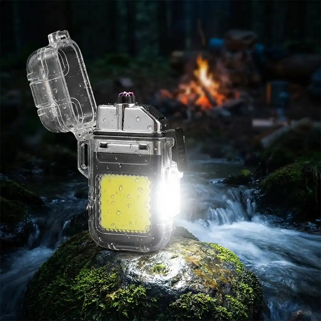 Electric lighter with transparent casing, glowing white light and yellow panel