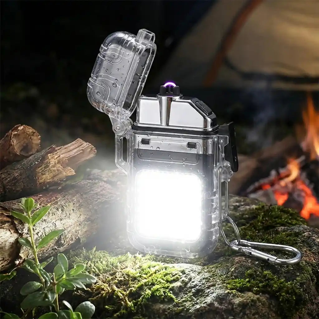 Electric lighter with transparent body, bright white flame-like light from top