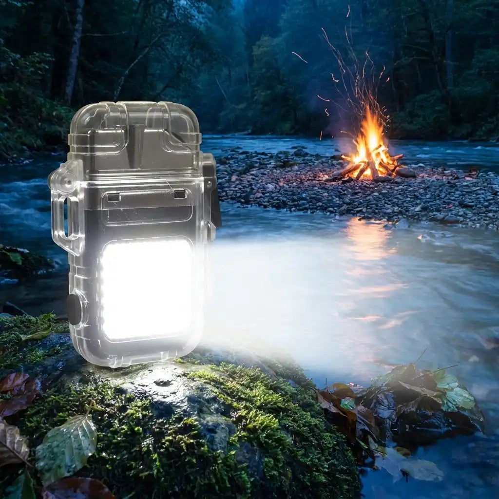 Electric lighter with clear waterproof shell, intense white glow from front