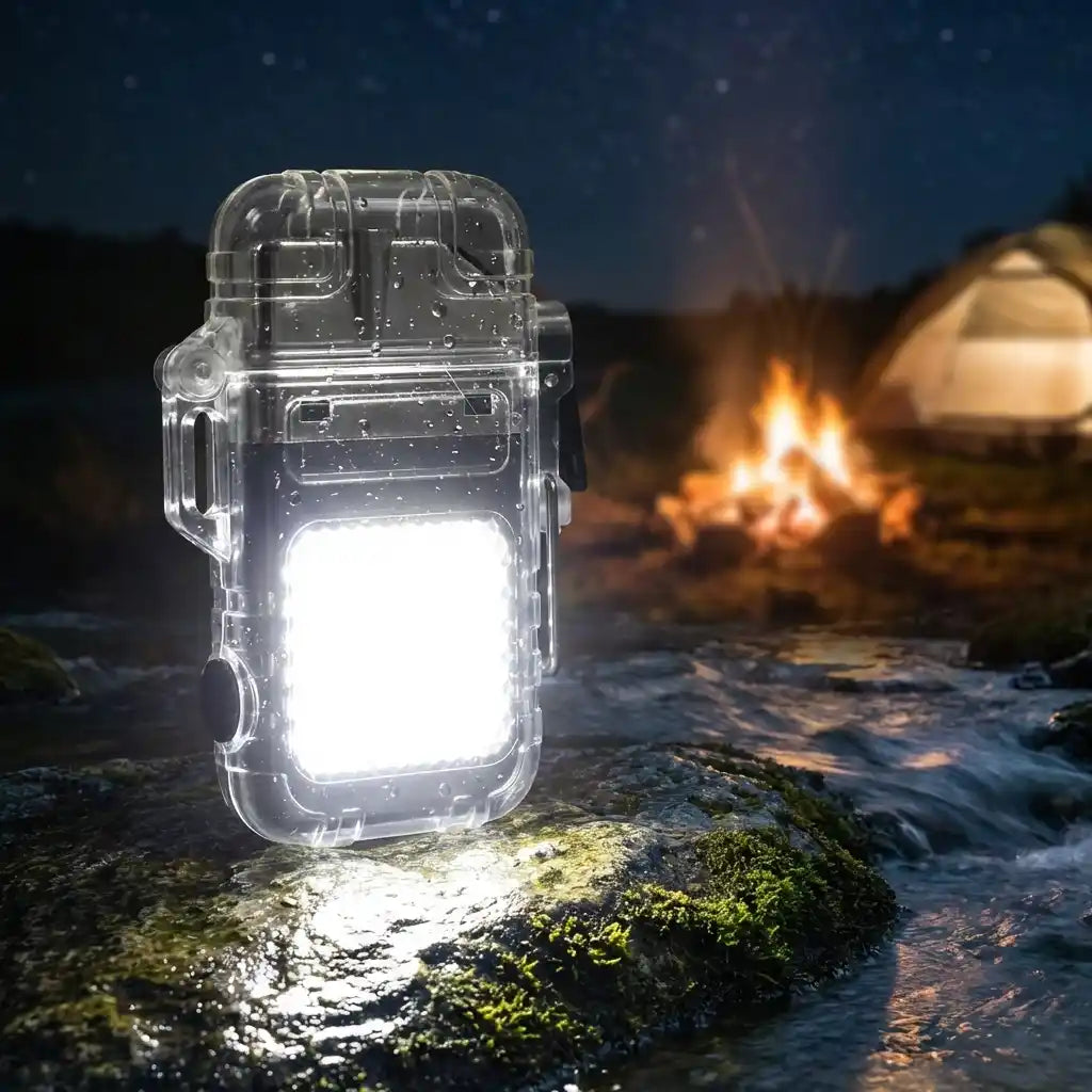 Electric lighter in transparent casing, front panel glowing white light