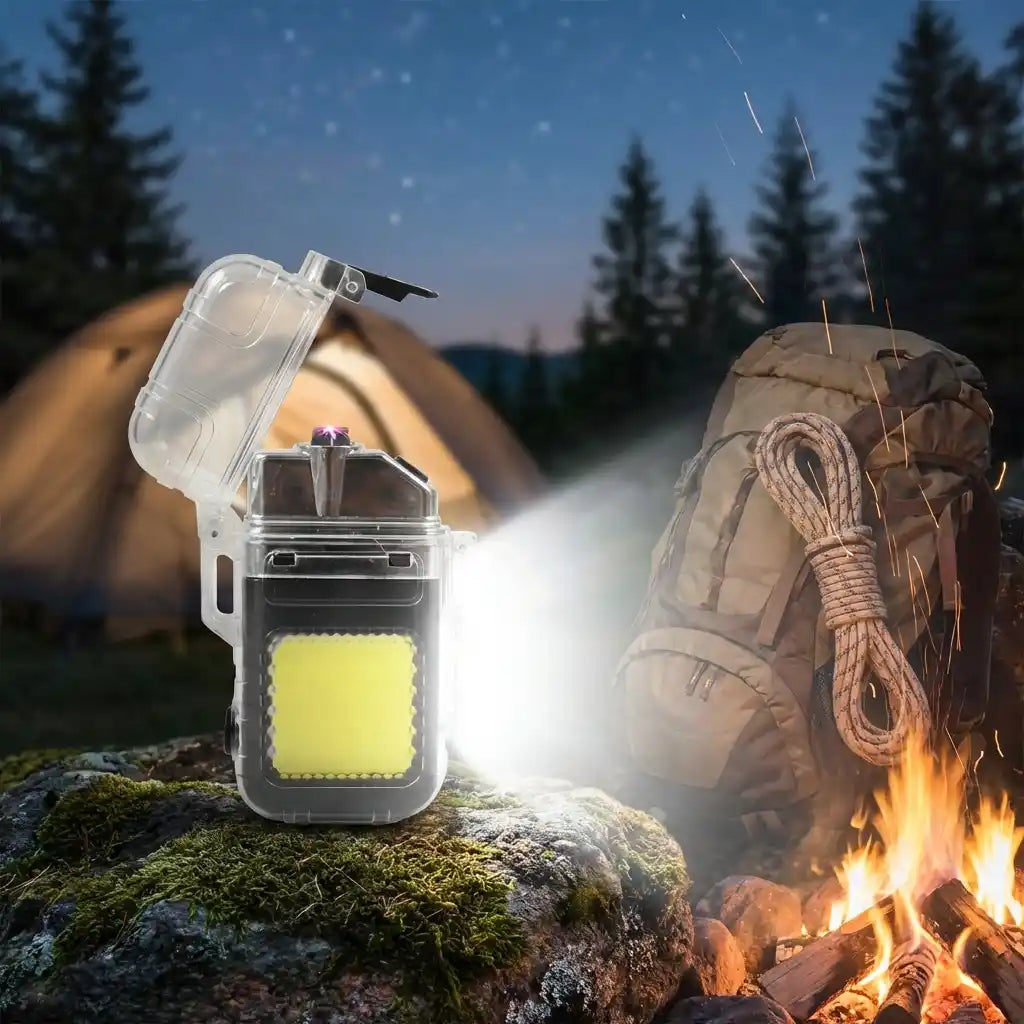 Electric lighter with transparent case, glowing white light near outdoor campfire
