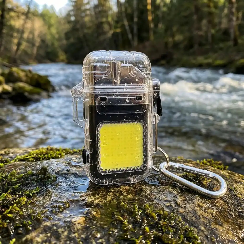 Electric lighter with transparent casing, yellow window and glowing white light