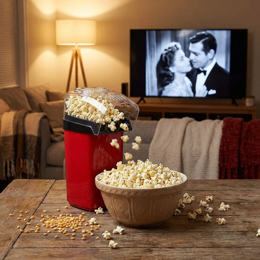 Red electric popcorn maker with clear lid and bowl of popcorn