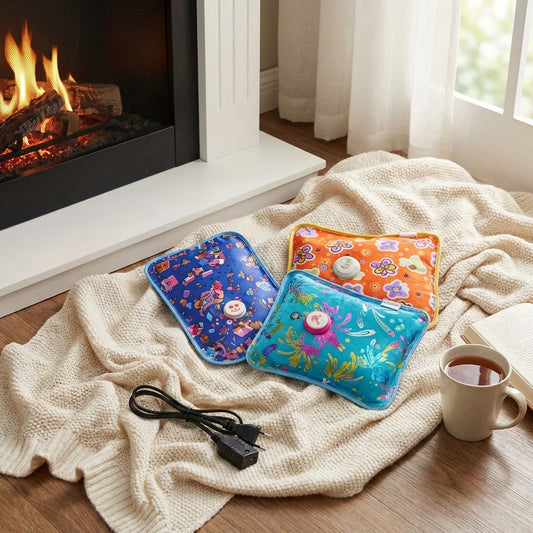 Electric rechargeable hot water bag set of three colorful fabric pouches with charging cable