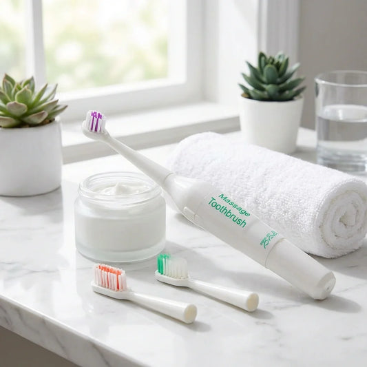 Electric toothbrush with replacement brush heads and cap, white handle, purple bristles