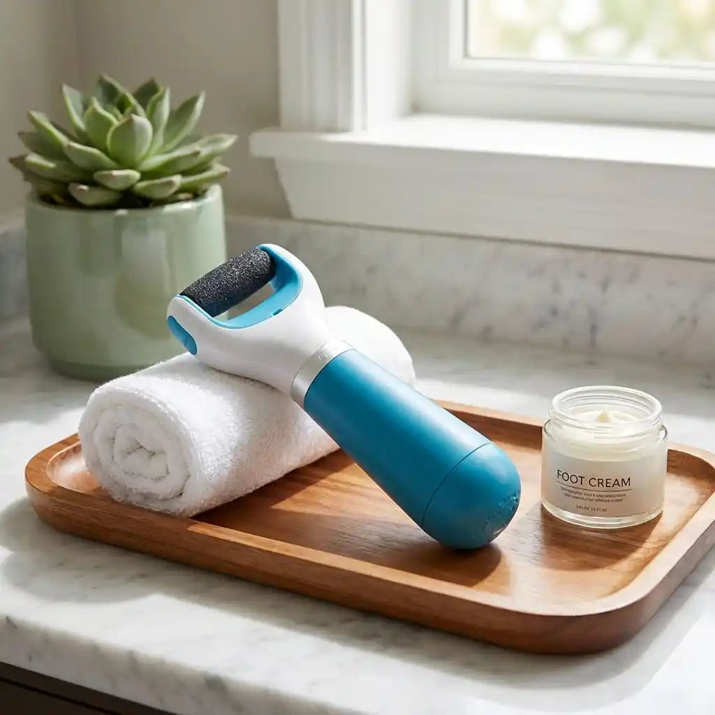 Electronic foot callus remover resting on a tray, blue roller head and white body