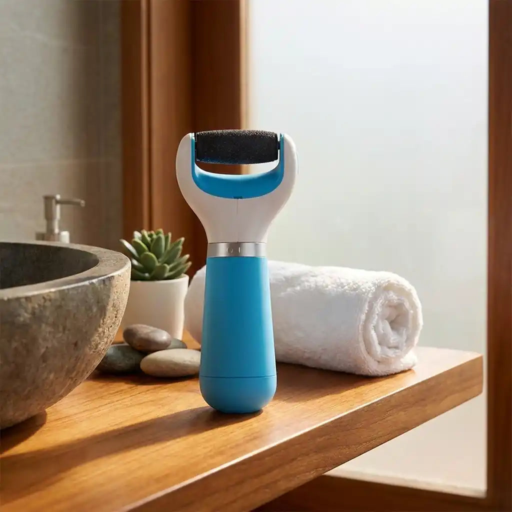 Electronic foot callus remover with blue-and-white body and dark exfoliating roller