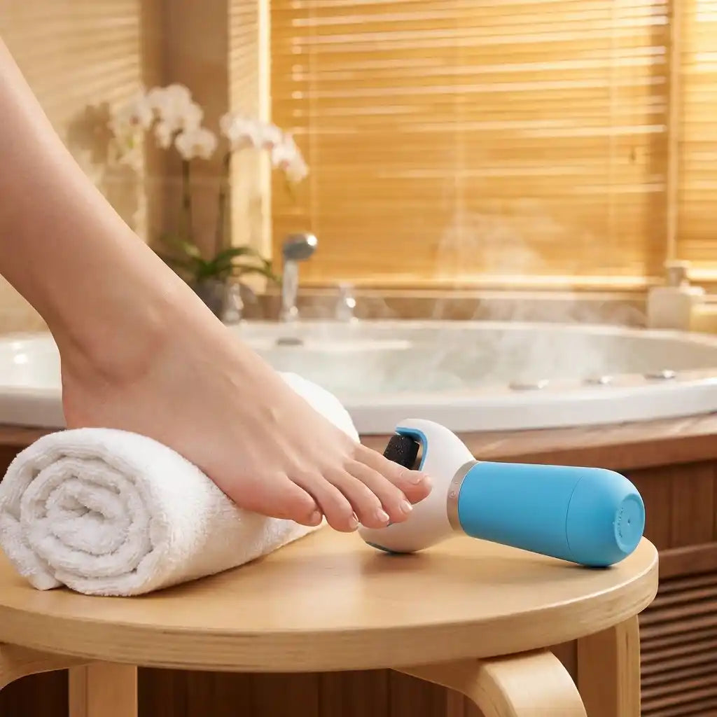 Electronic foot callus remover held to foot, blue-and-white handle and roller