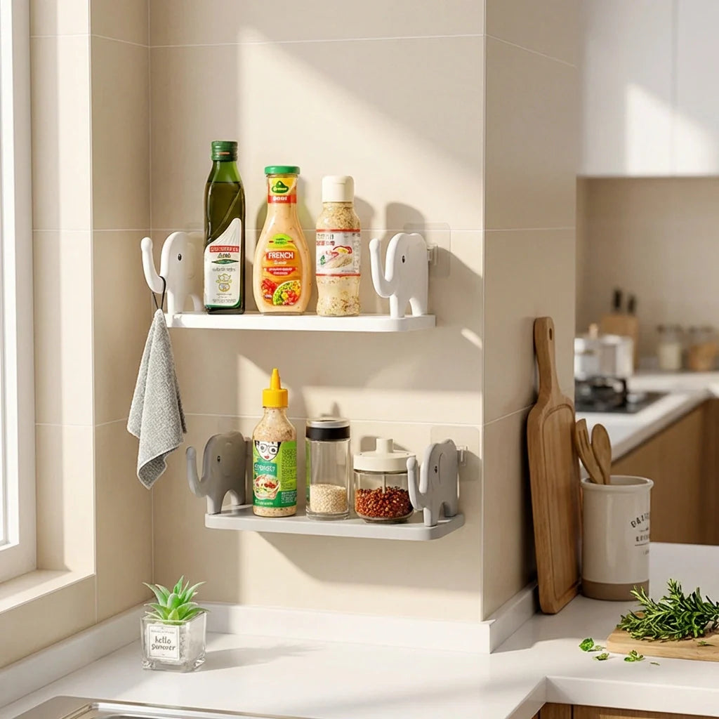 White elephant-shaped corner storage shelf with two tiers and side hooks