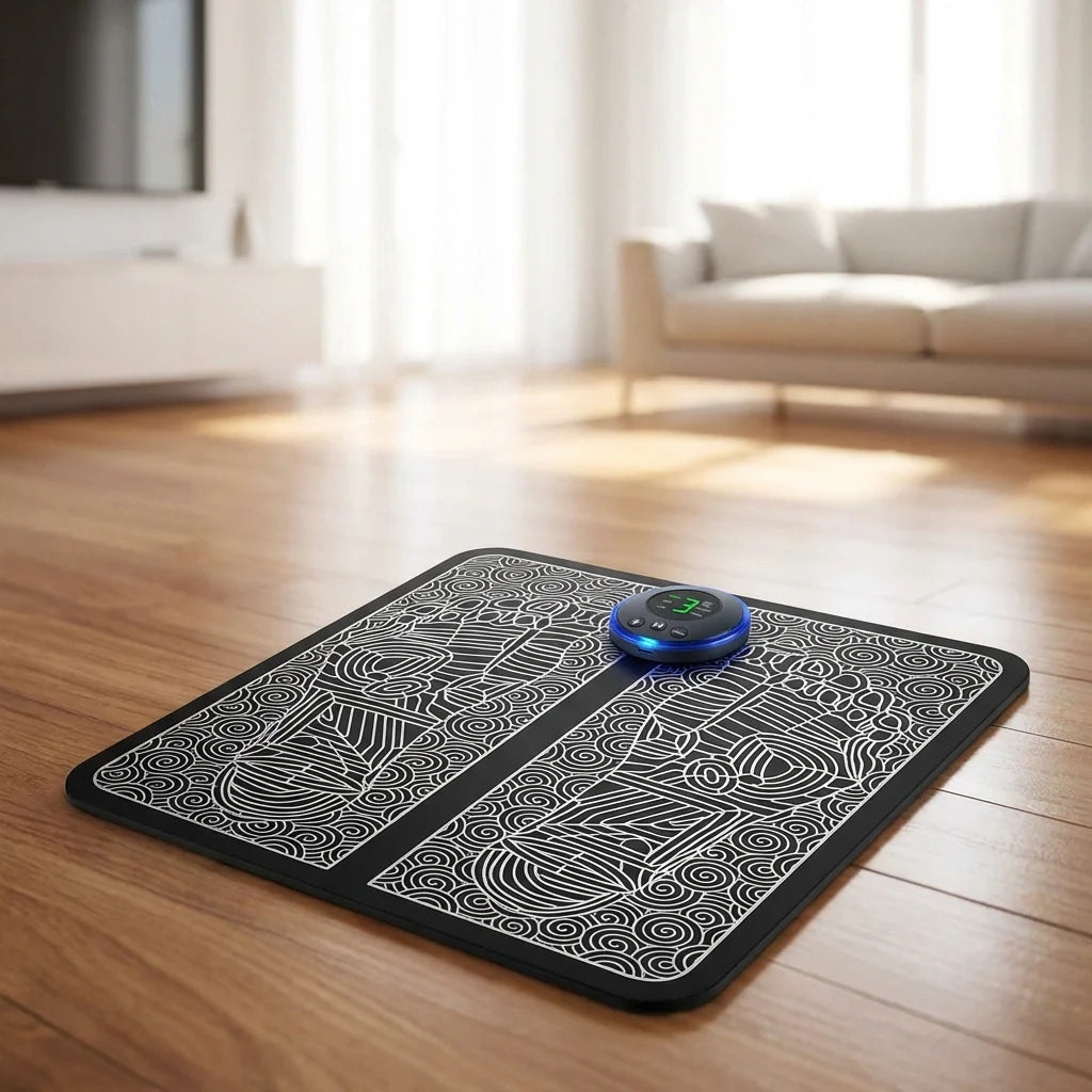 Foot massager mat close-up: dark square with white swirl lines and blue control circle.