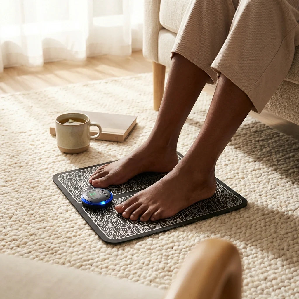 Foot massager mat with blue control and gray swirl design; feet on mat on rug.
