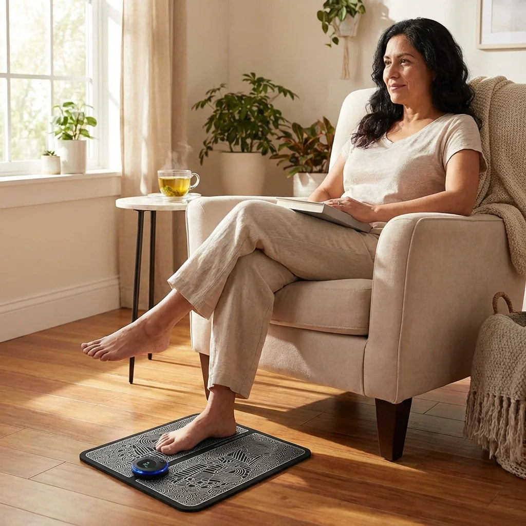 Foot massager mat on wood floor with blue control; feet resting on patterned surface.