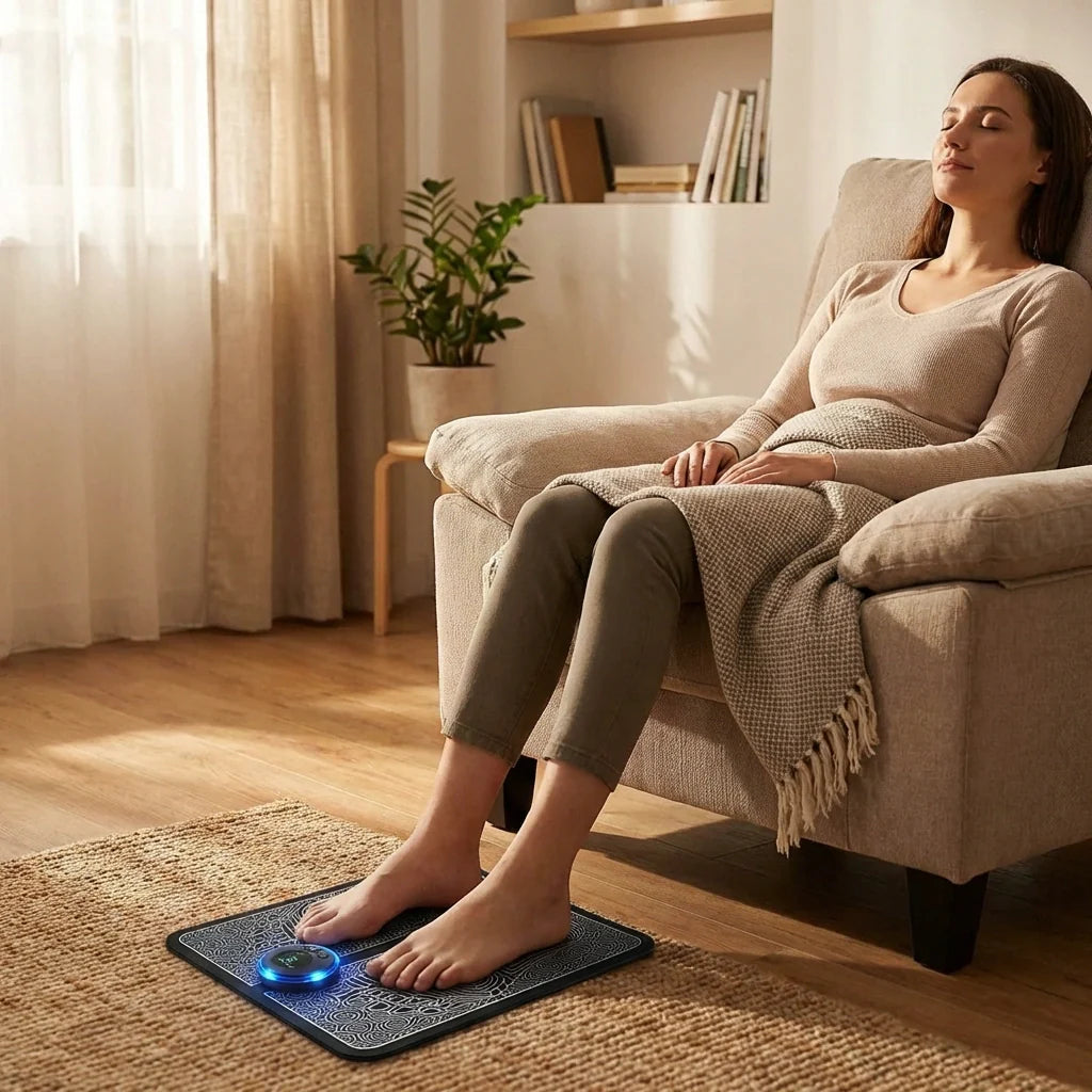 Foot massager mat on carpet with blue control circle; feet resting on patterned surface.