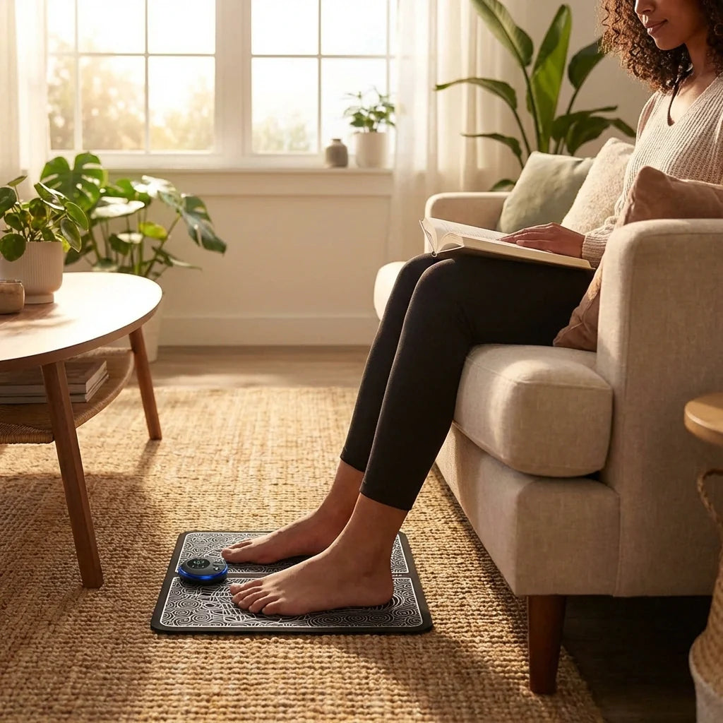 Foot massager mat with blue control and swirl pattern; feet placed on dark mat.