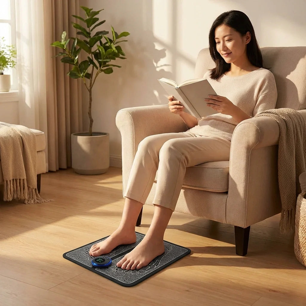 Foot massager mat on floor with blue control area; person’s feet positioned on mat.