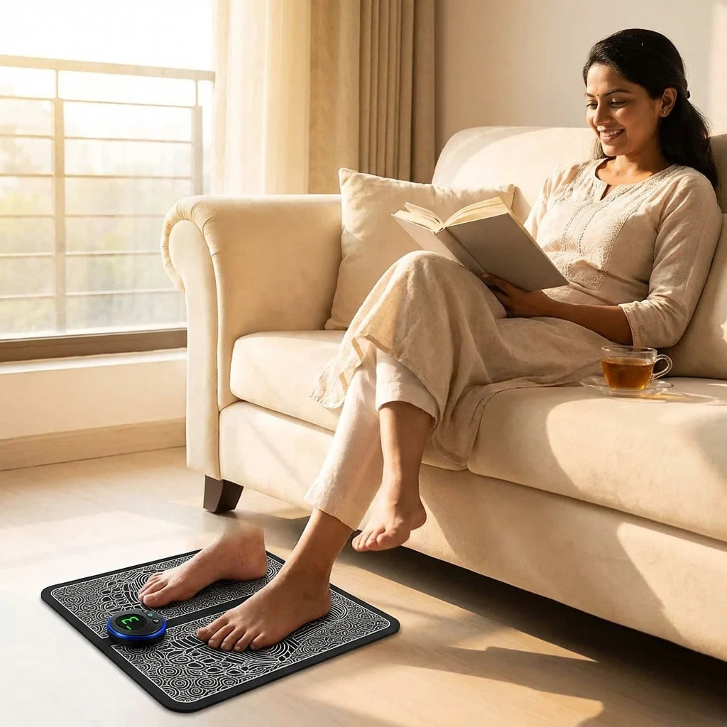Foot massager mat with dark textured surface and blue control area; person’s feet on mat.