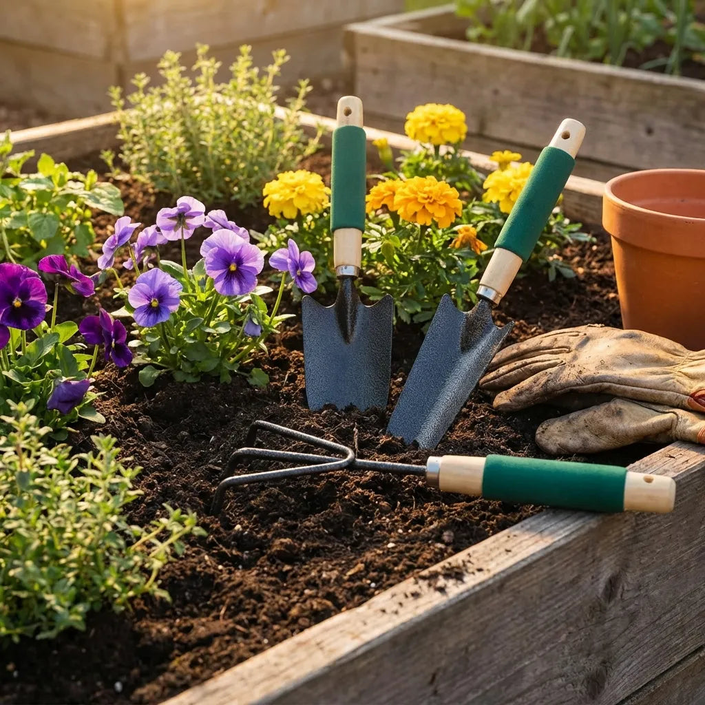 Ergonomic gardening tool set with teal handles and beige grips, including a hand trowel and fork