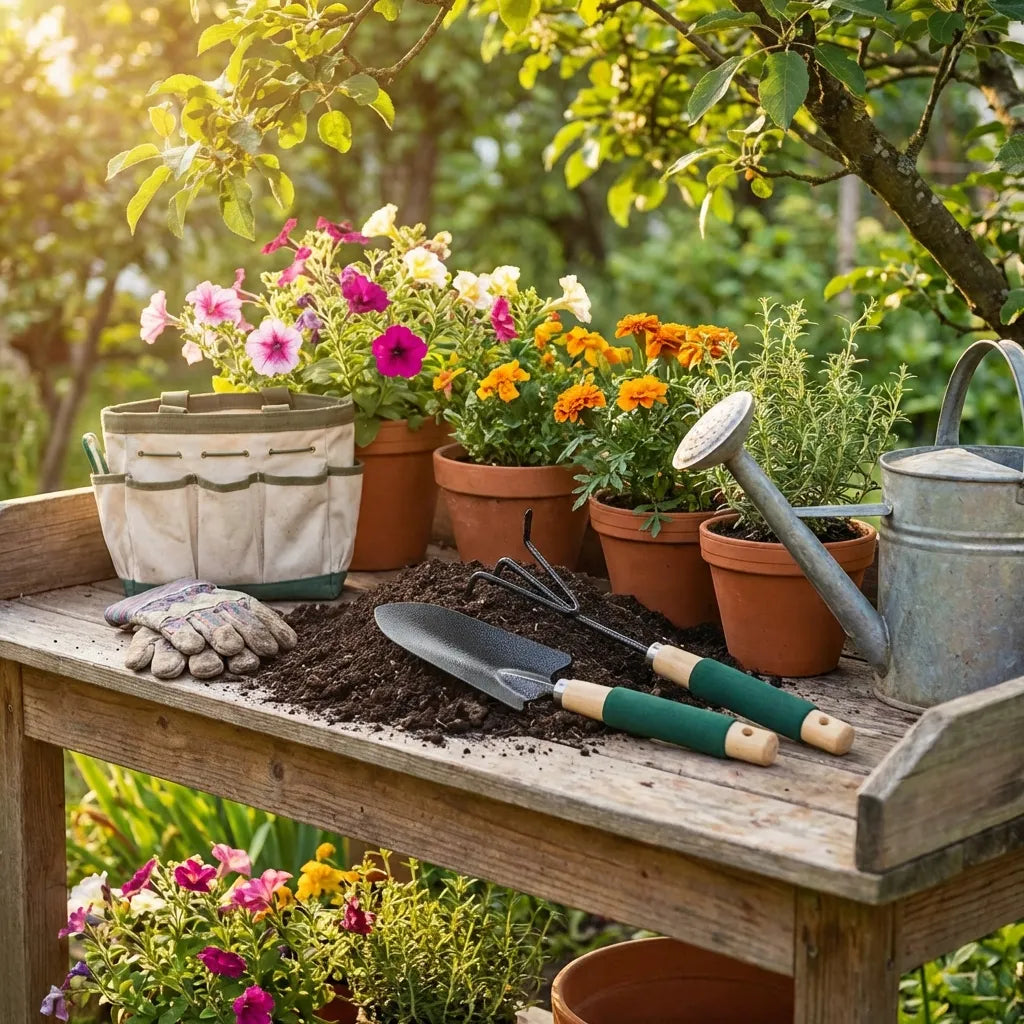 Ergonomic gardening tool set with teal handles, beige grips, and a small hand shovel on a bench