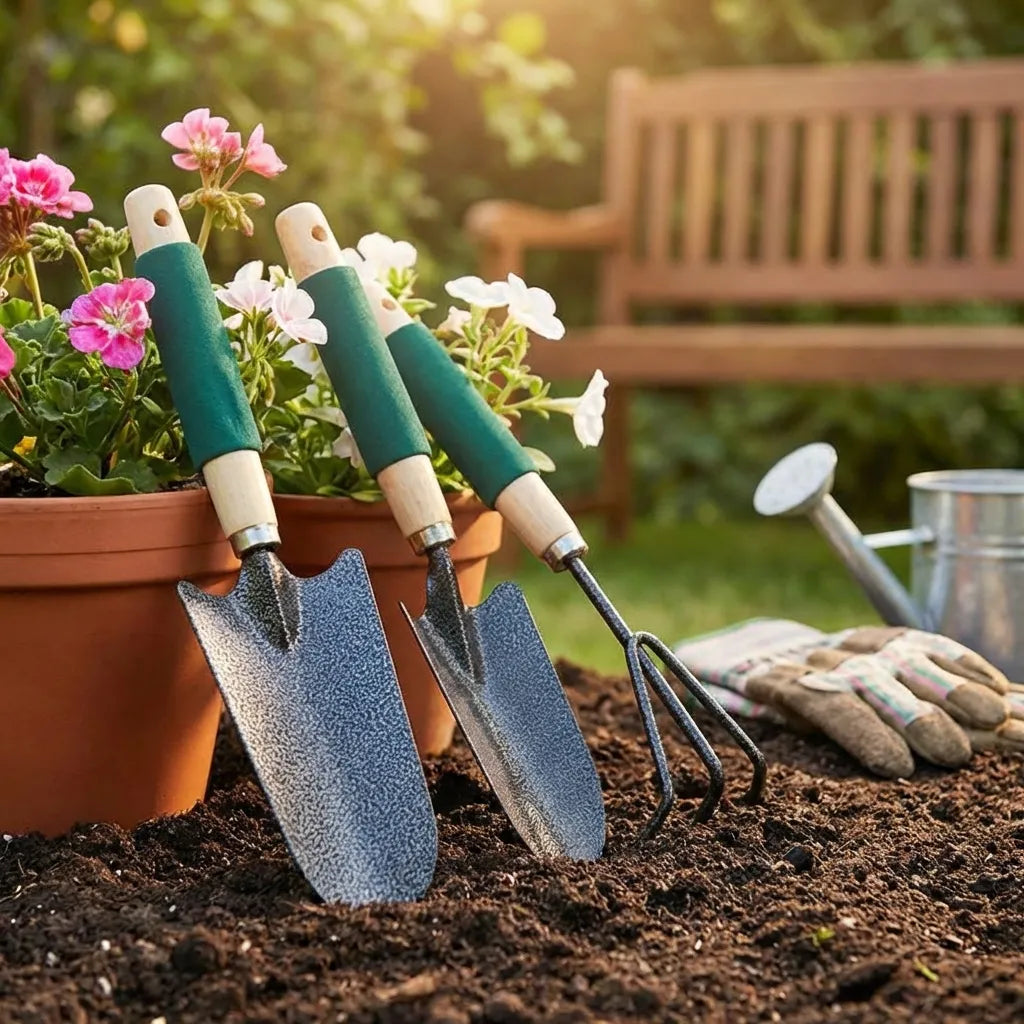 Ergonomic gardening tool set with teal handles and beige grips, with two hand shovels