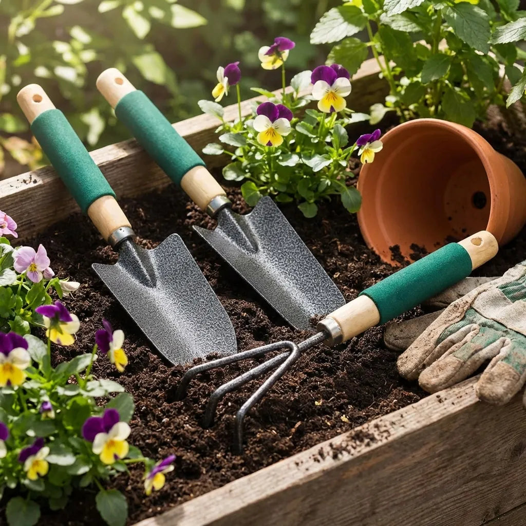 Ergonomic gardening tool set with teal handles and beige grips, including two trowels and a cultivator fork