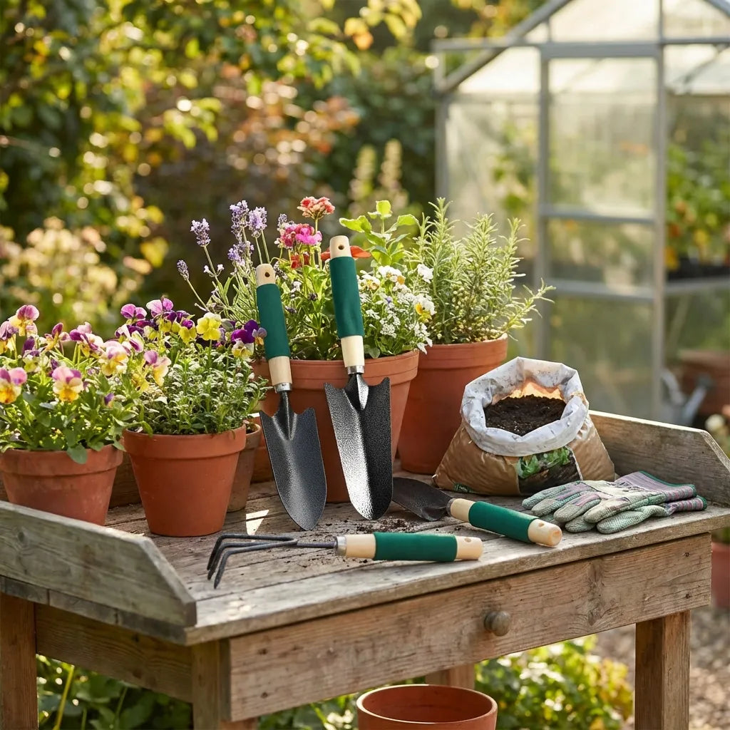 Ergonomic gardening tool set with teal handles and beige grips, arranged on a wooden garden bench
