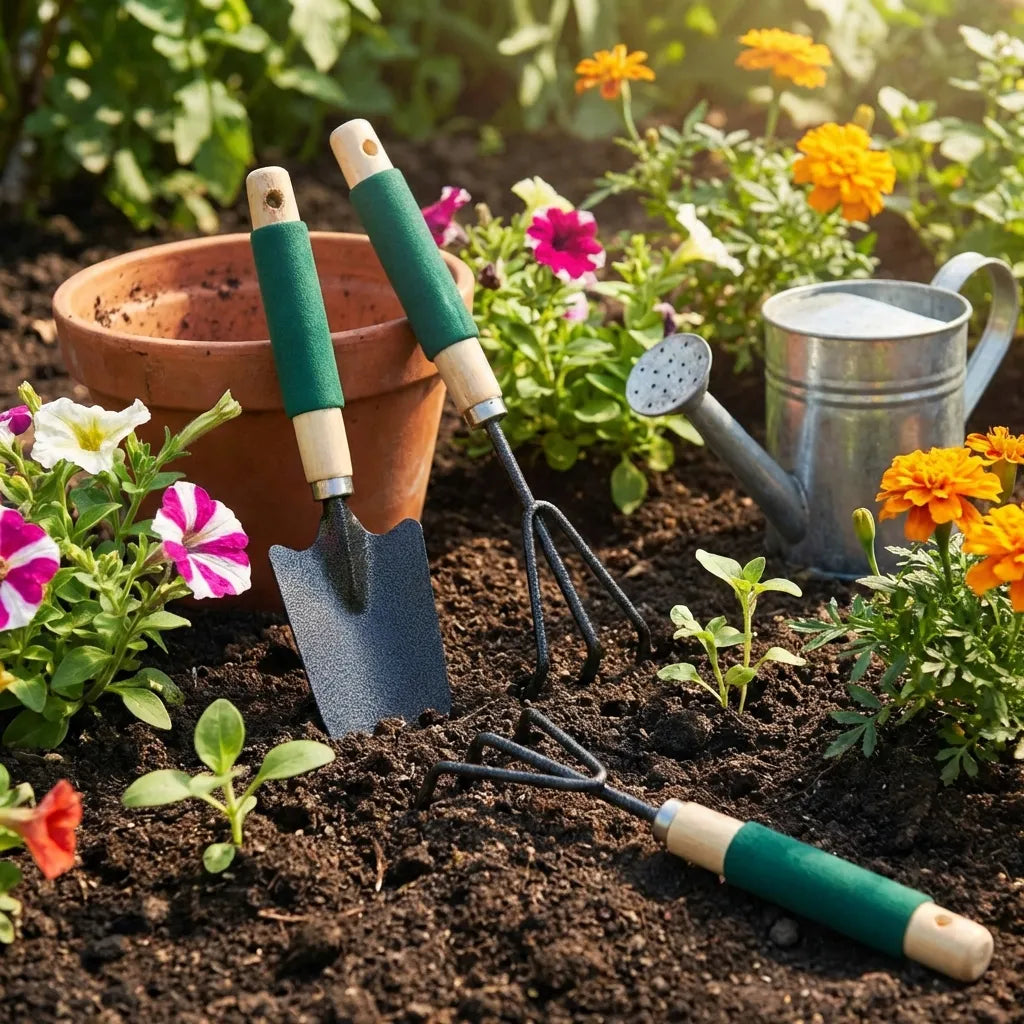 Ergonomic gardening tool set with teal handles and beige grips, including a hand cultivator and trowels