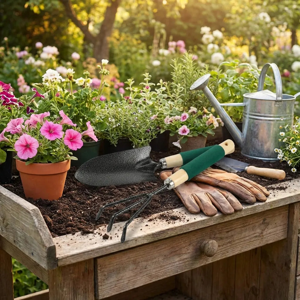 Ergonomic gardening tool set with teal handles and beige grips, featuring a hand shovel and fork