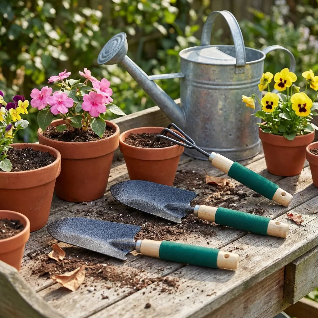 Ergonomic gardening tool set with teal handles and beige grips, showing two shovels and a hand fork