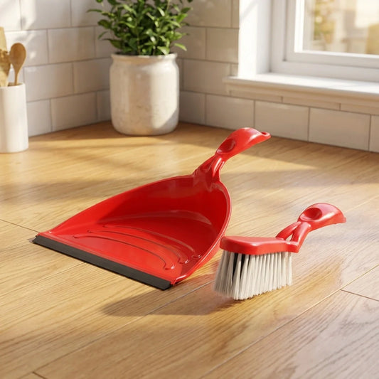Red ergonomic long-handle dustpan with stiff broom brush